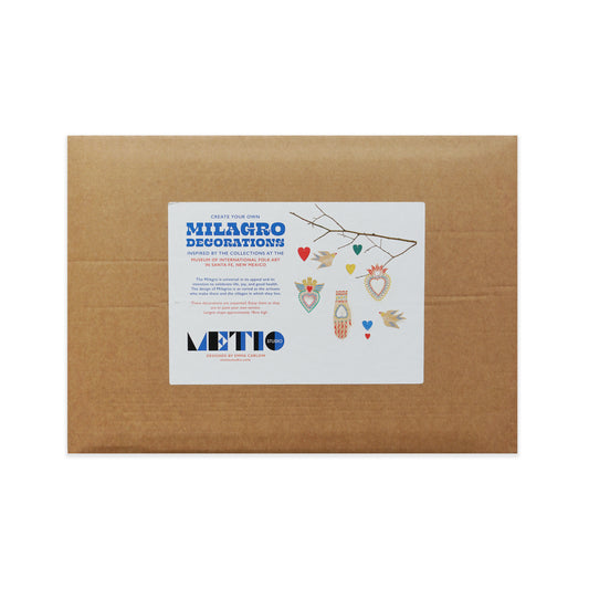 Kraft brown rectangular paper box with a label featuring 'Milagro Decorations' on a white background