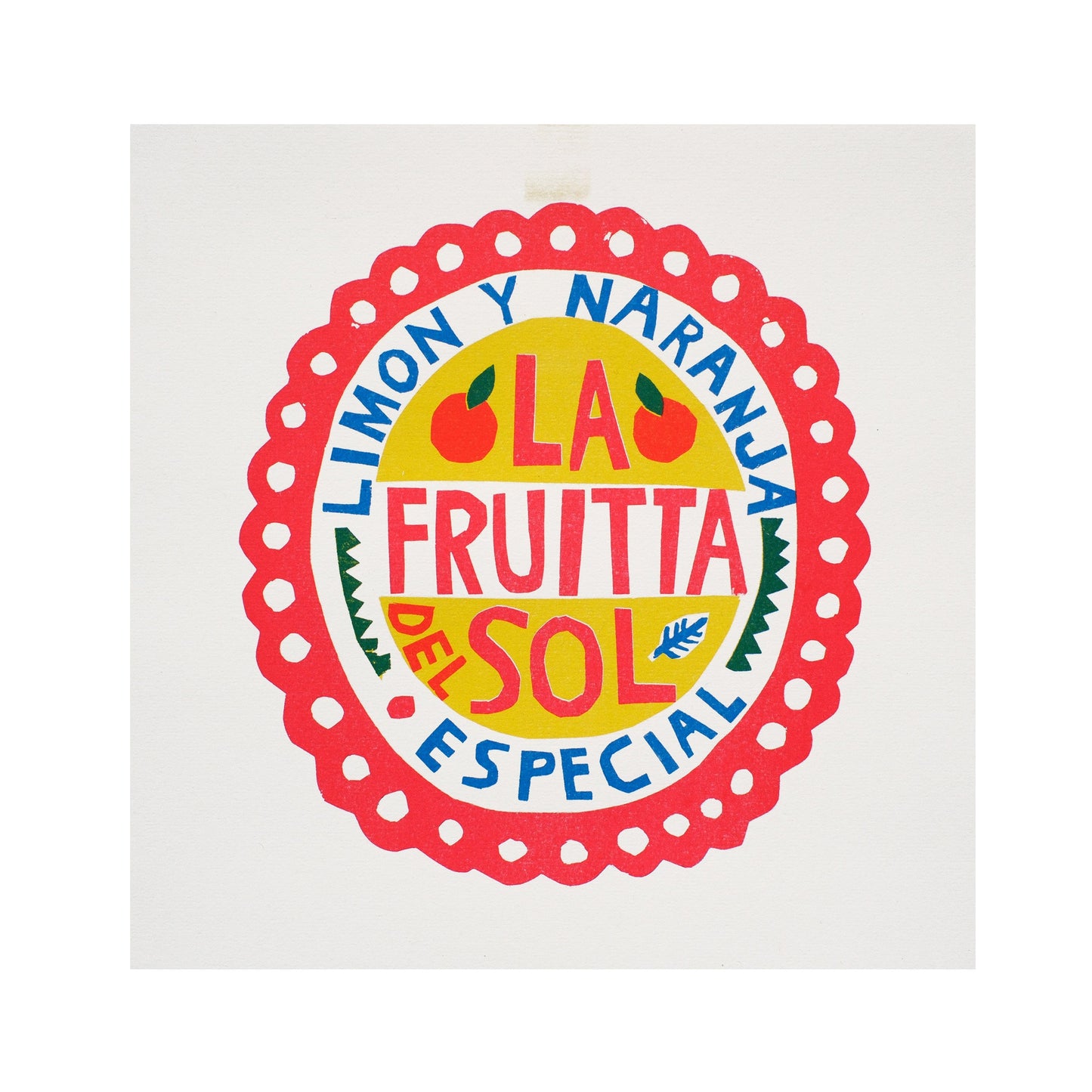 A vibrant, decorative label featuring the text "LA FRUITTA DEL SOL ESPECIAL" in bold, colourful letters. The design includes illustrations of lemons and oranges, framed by a scalloped red border on a light background.