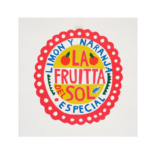 A vibrant, decorative label featuring the text "LA FRUITTA DEL SOL ESPECIAL" in bold, colourful letters. The design includes illustrations of lemons and oranges, framed by a scalloped red border on a light background.