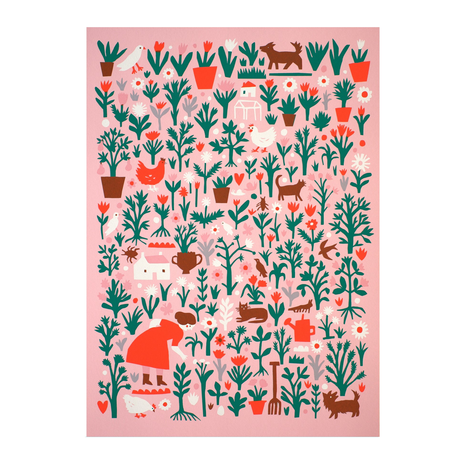 A vibrant illustration featuring a whimsical garden scene filled with various plants, flowers, and animals. There are birds, cats, and dogs among pots and houses, all set against a soft pink background, creating a cheerful and lively atmosphere.