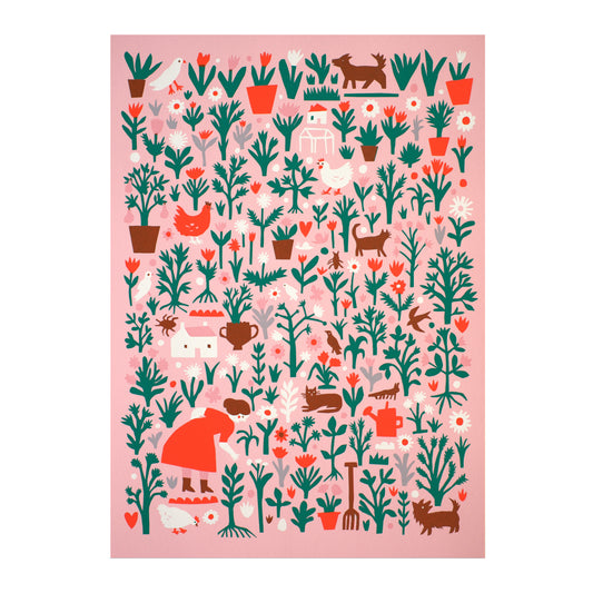 A vibrant illustration featuring a whimsical garden scene filled with various plants, flowers, and animals. There are birds, cats, and dogs among pots and houses, all set against a soft pink background, creating a cheerful and lively atmosphere.