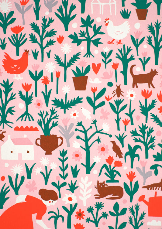 A vibrant illustration featuring a whimsical garden scene filled with various plants, flowers, and animals. There are birds, cats, and dogs among pots and houses, all set against a soft pink background, creating a cheerful and lively atmosphere.
