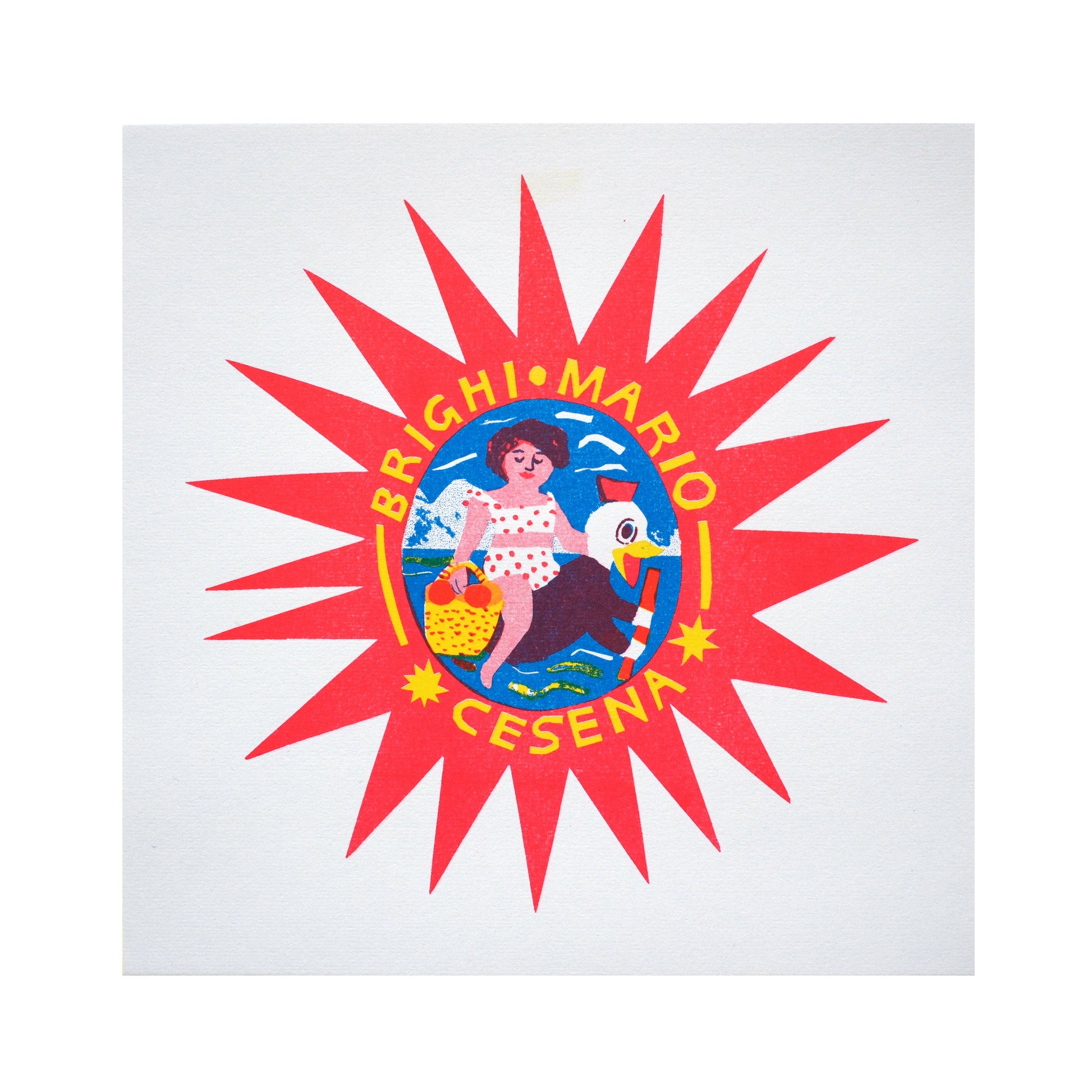 A vibrant graphic featuring a central circular emblem with a woman in a polka dot swimsuit, holding a beach ball. Surrounding the emblem are bold red rays, with the text "Brighi Mario Cesena" prominently displayed.