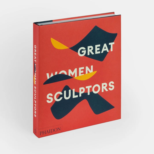 A vibrant book cover titled "Great Women Sculptors" by Phaidon. The design features bold, abstract shapes in red, yellow, and blue, with the title prominently displayed in white letters, showcasing a modern and artistic aesthetic.