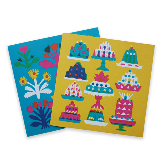 Two vibrant greeting cards are displayed. One card features a blue background with colourful floral designs, while the other has a yellow background adorned with whimsical cake illustrations in various shapes and colours.