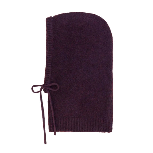Purple knitted hooded snood with a drawstring on a white background