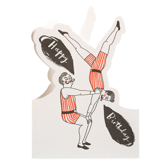 Illustration of two acrobats in stripy onesies with 'Happy Birthday' text on a white background