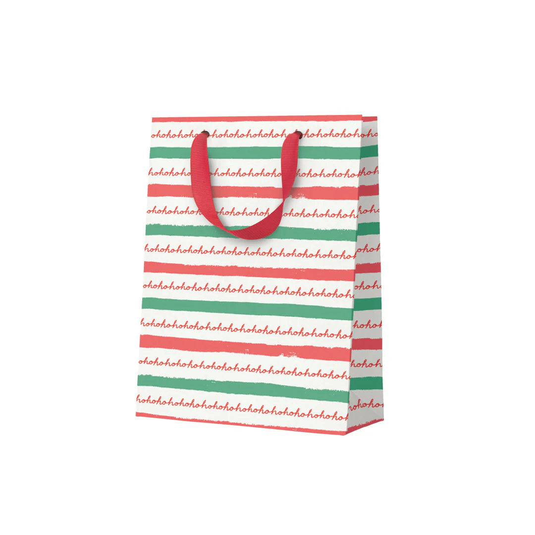 Gift bag with red and green stripes and 'ho ho ho' text on a white background