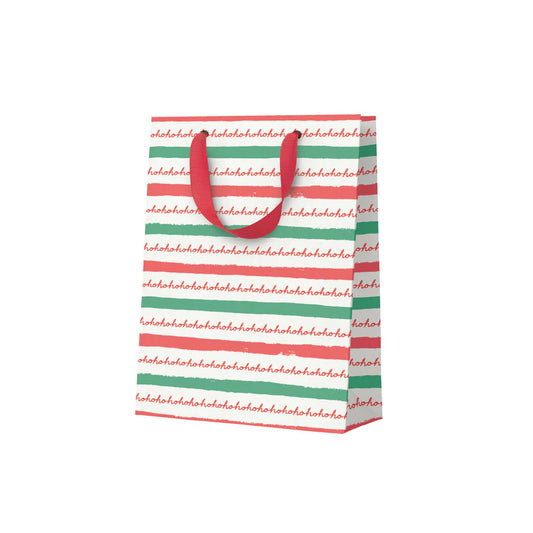 Gift bag with red and green stripes and 'ho ho ho' text on a white background