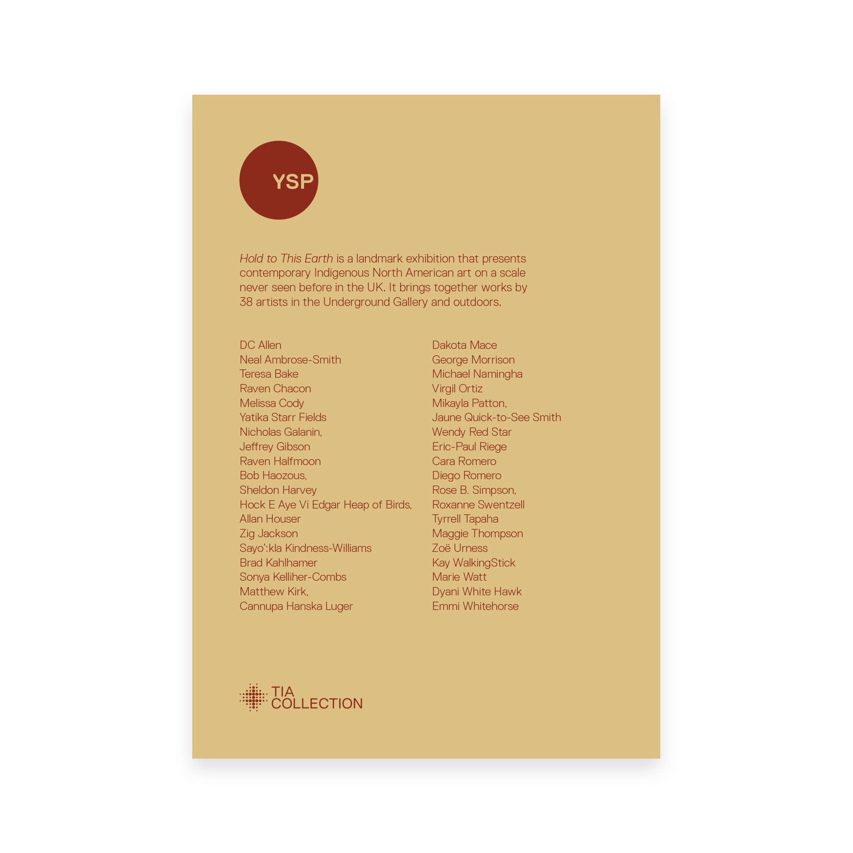 Back cover of an exhibition guide with a list of artists on a beige background and a red YSP logo.