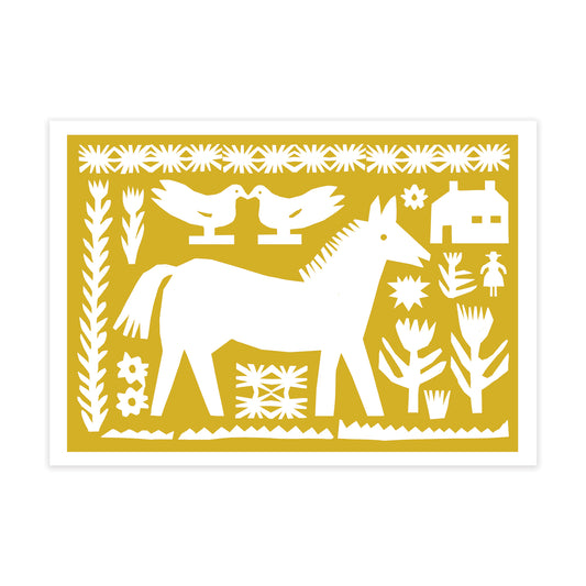 A vibrant yellow background features a white cut-out design of a horse, two birds, a small house, and various plants. The intricate patterns create a folk art style, showcasing a harmonious rural scene.