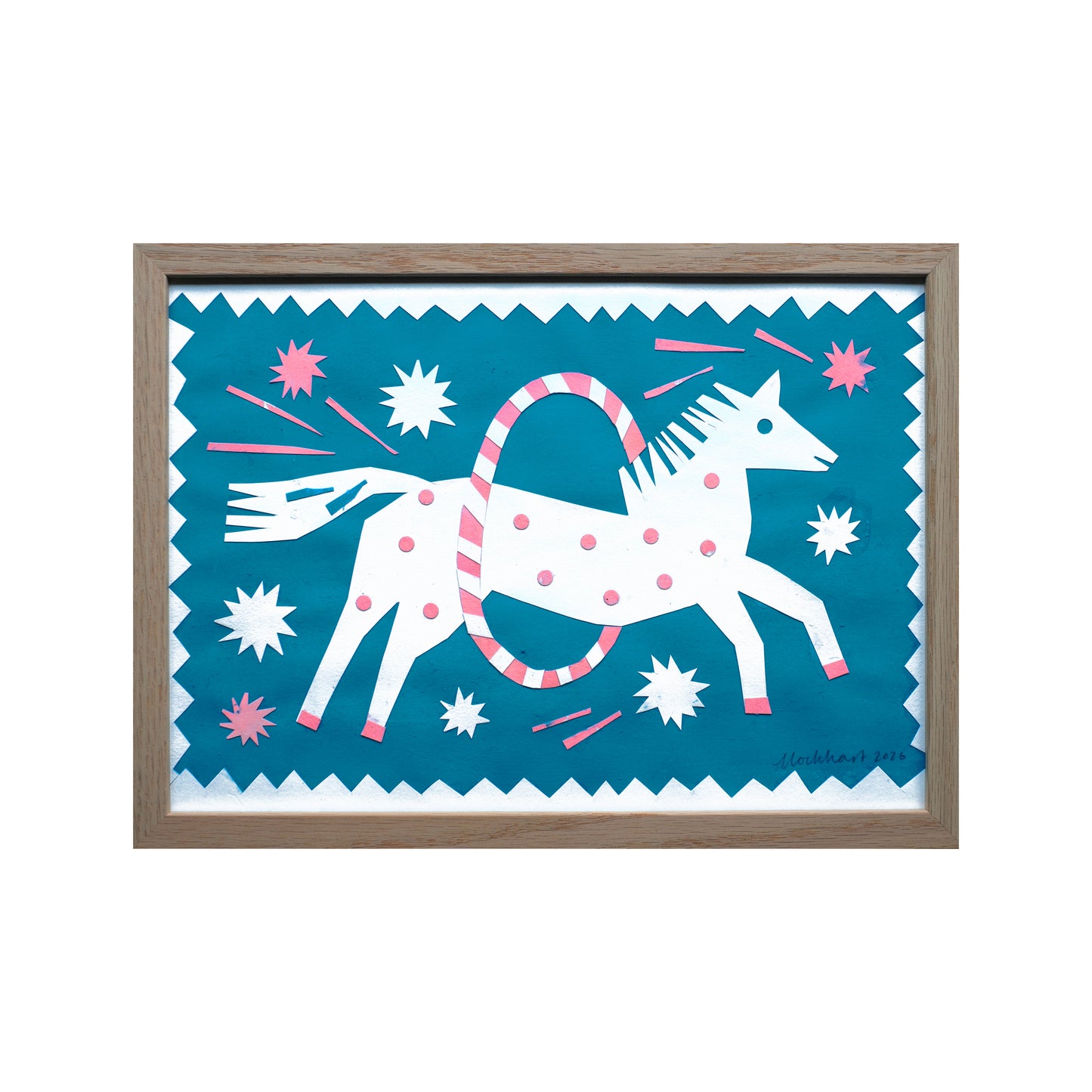 A vibrant artwork featuring a stylised white horse with pink spots, jumping through a hoop. The background is a bold teal, adorned with pink stars and dynamic shapes, all framed in a light wooden border.