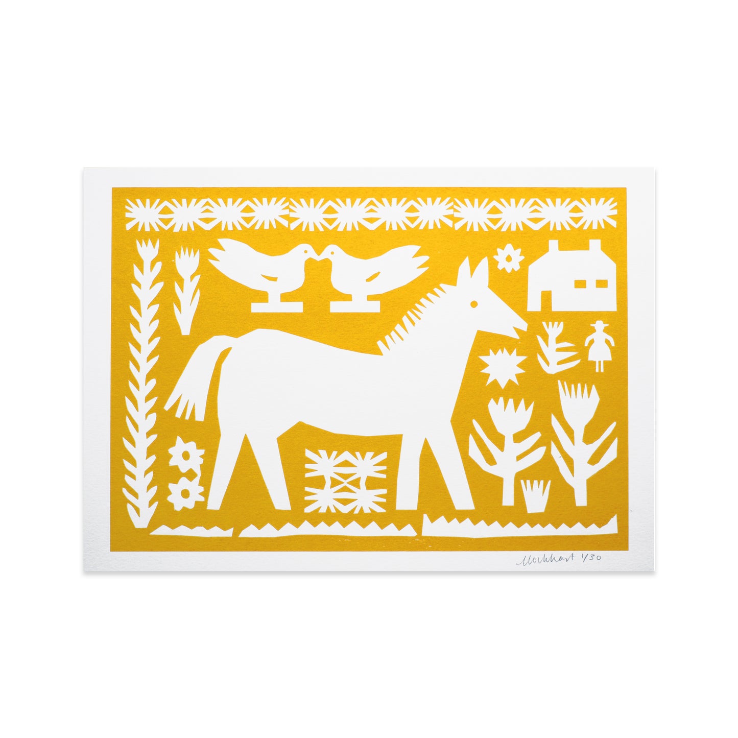 A vibrant yellow background features a white cut-out design of a horse, two birds, a small house, and various plants. The intricate patterns create a folk art style, showcasing a harmonious rural scene.