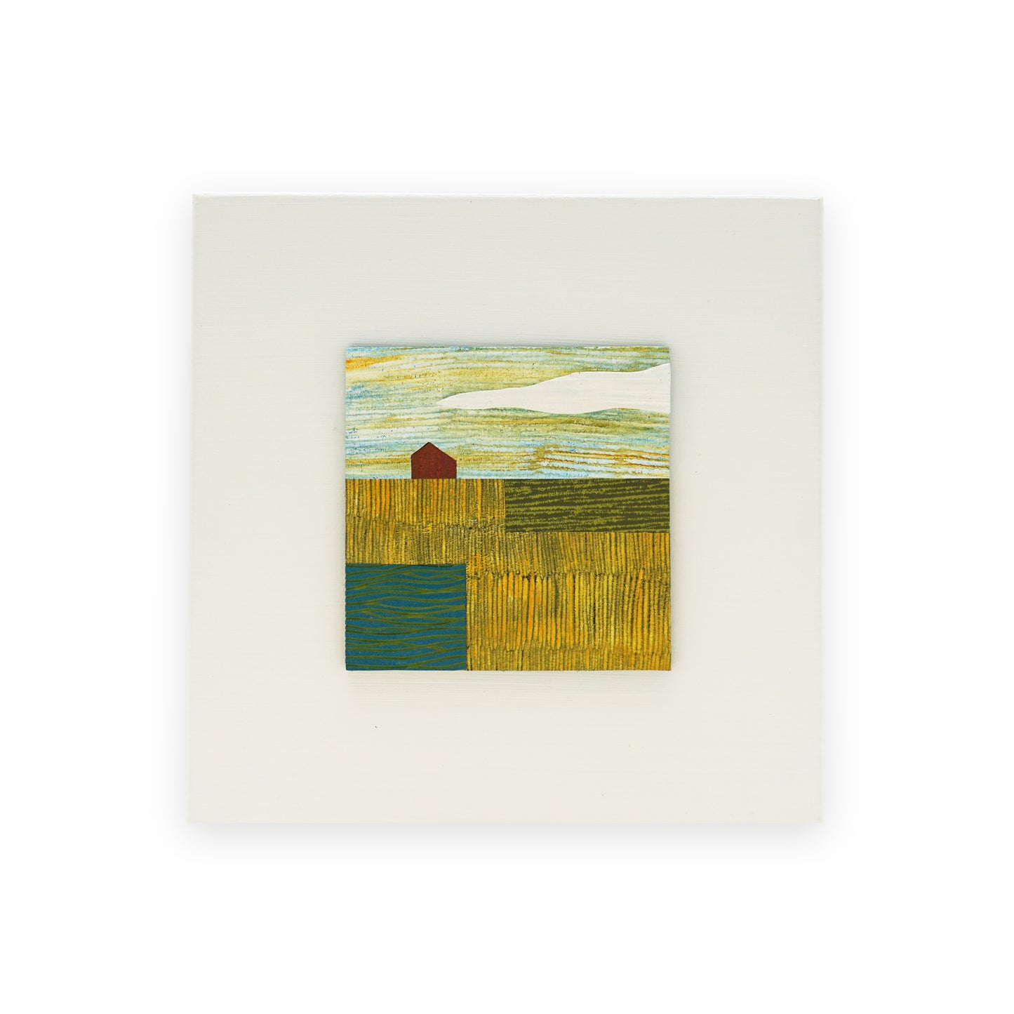 Small abstract leather collage on a white background. The artwork uses strong tones of yellow and green throughout.
