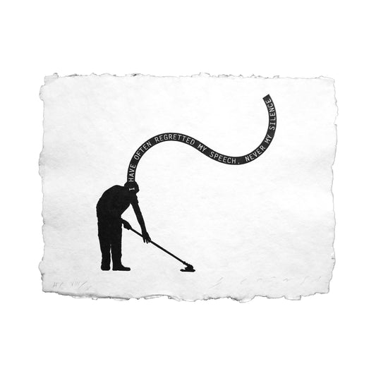 Silhouette of a person with a shovel on textured white paper with text. A thought bubble comes off the person reading 'I have often regretted my speech. Never my silence'.