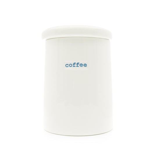 A white porcelain storage jar with the word 'coffee' written on it in blue, having a lid.
