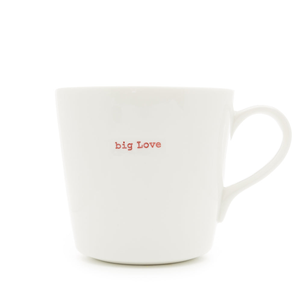 A white Keith Brymer Jones large bucket mug with the words 'big Love' stamped in red typewriter font.