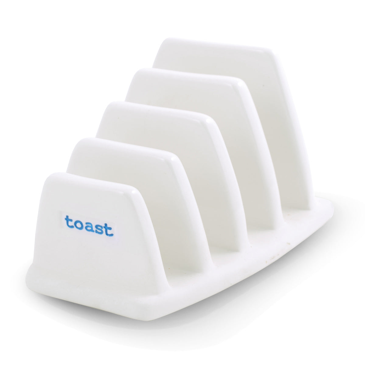 A white ceramic toast rack with 'toast' text on the side, designed by Keith Brymer Jones.