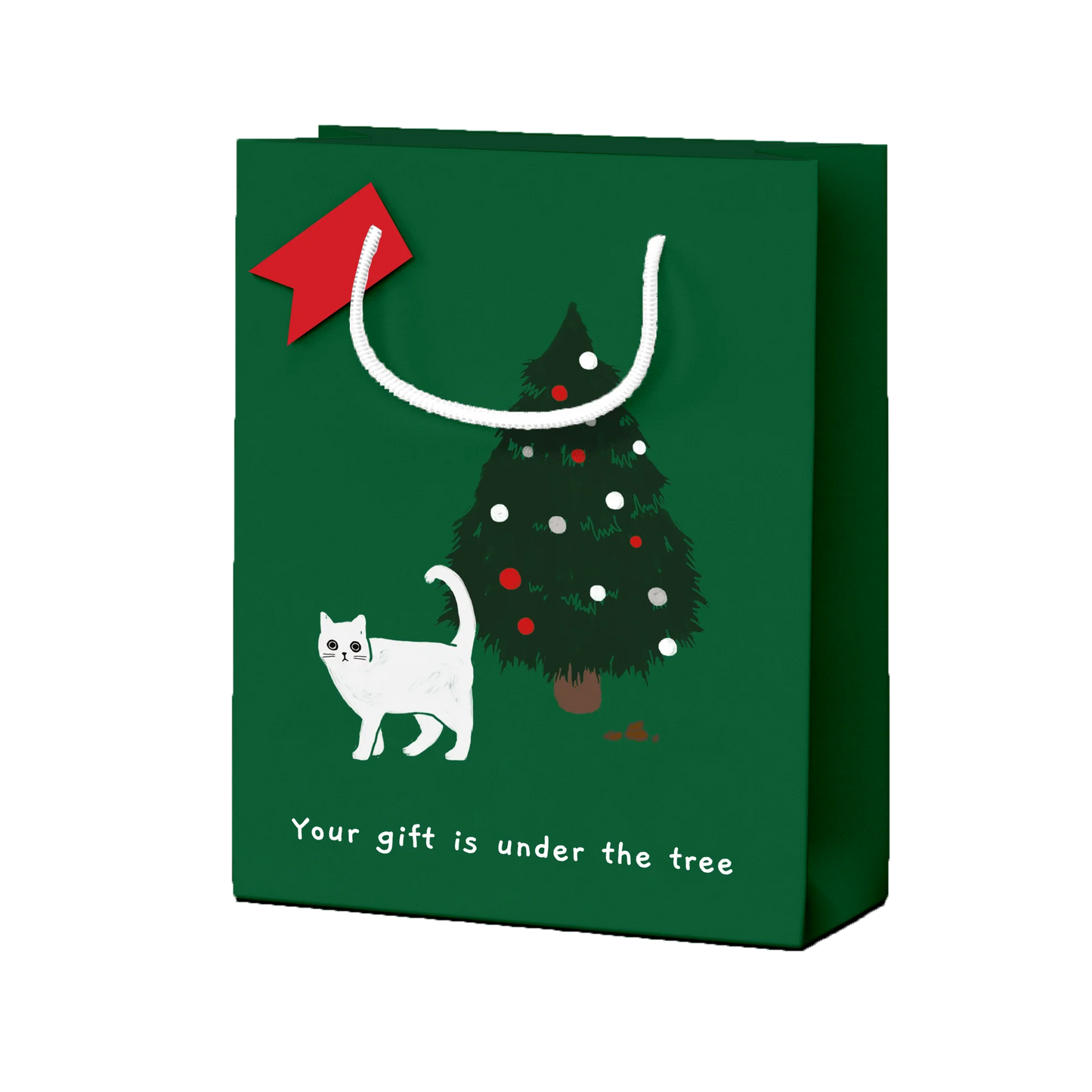 A green gift bag featuring a Christmas tree and a white cat. There appears to be a cat poo under the tree, plus the text 'your gift is under the tree'.