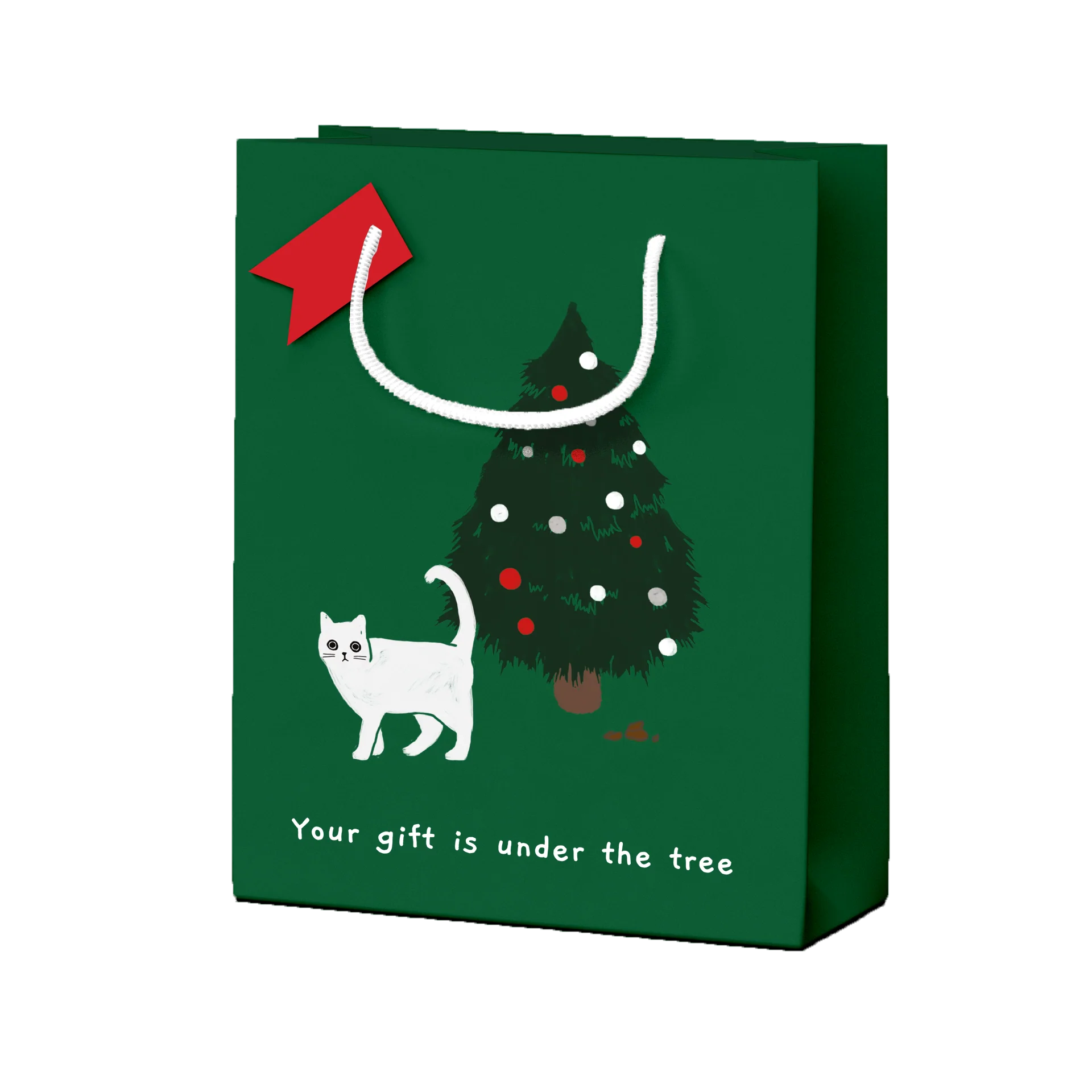 A green gift bag featuring a Christmas tree and a white cat. There appears to be a cat poo under the tree, plus the text 'your gift is under the tree'.