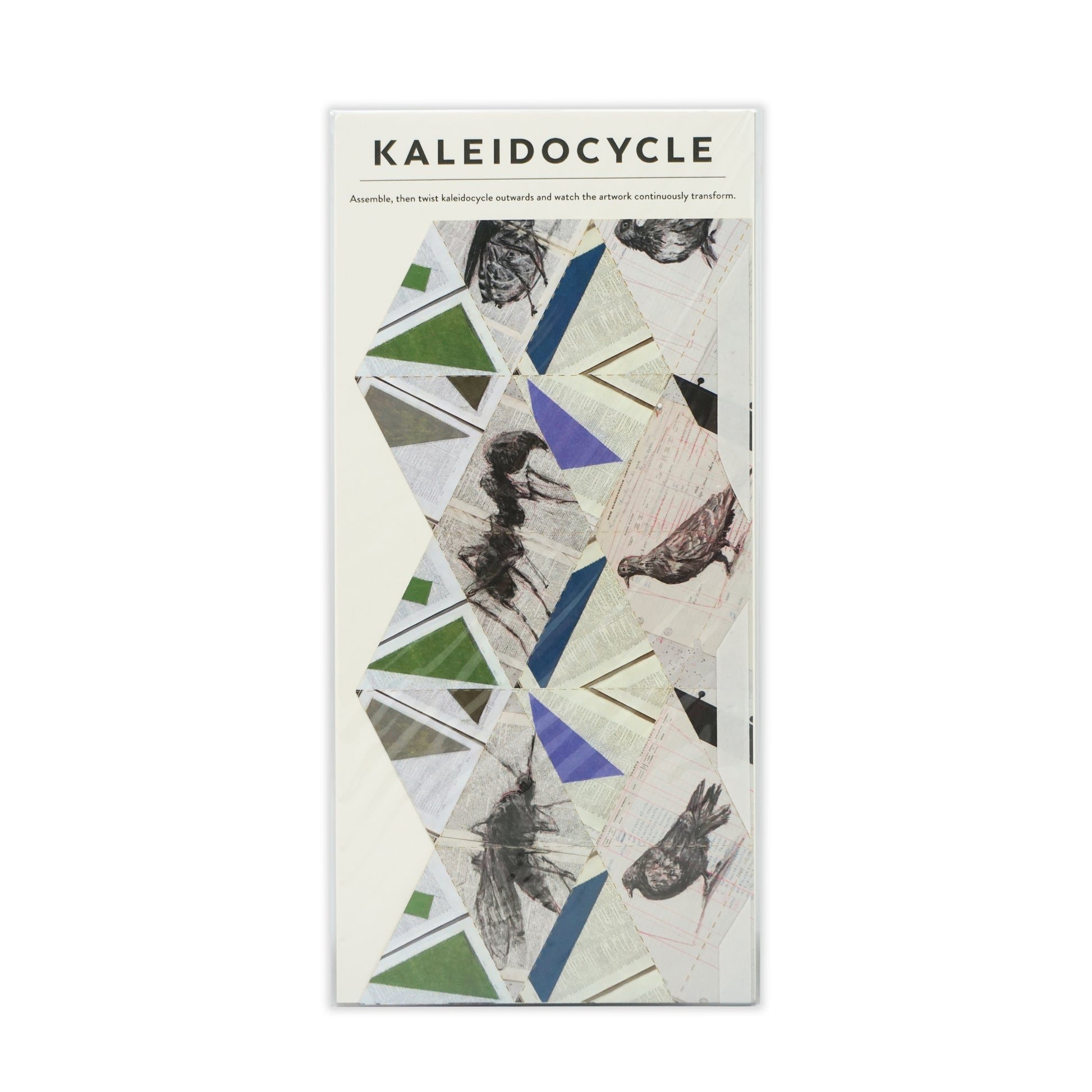 Kaleidocycle packaging with geometric design and text on a white background