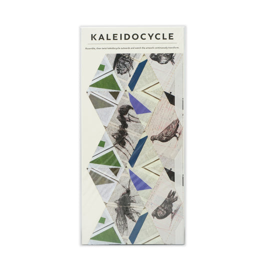 Kaleidocycle packaging with geometric design and text on a white background