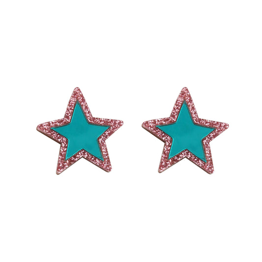 A pair of acrylic star shaped studs with a blue middle and a pink glitter edge.
