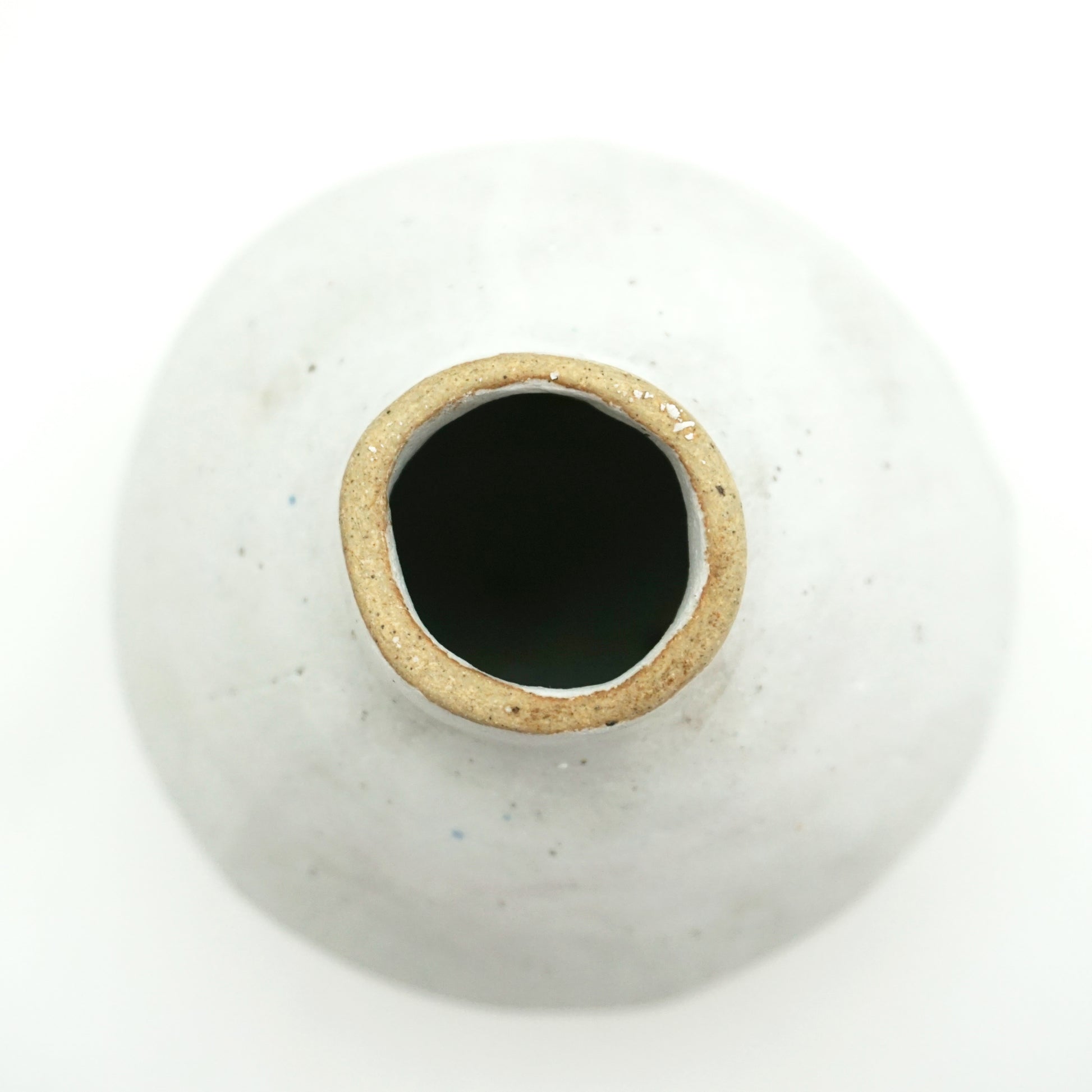 A close up of the top of a white oval vase, the rim of the opening is unglazed.