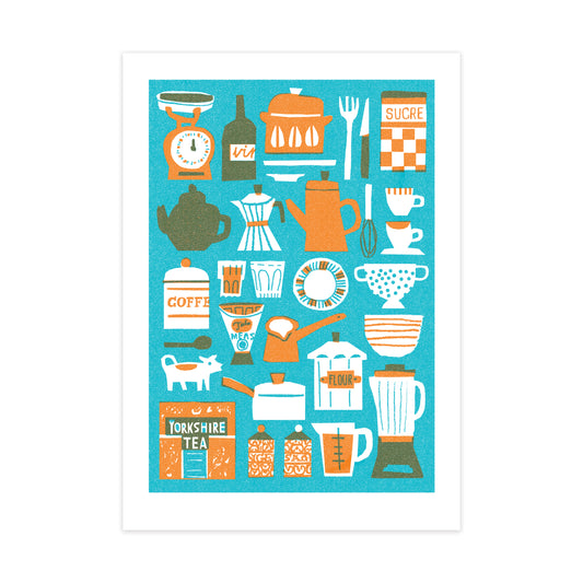 A vibrant illustration featuring various kitchen items on a blue background. It includes teapots, coffee makers, measuring scales, utensils, and containers labelled 'Flour' and 'Yorkshire Tea', all in a mix of red and white tones.