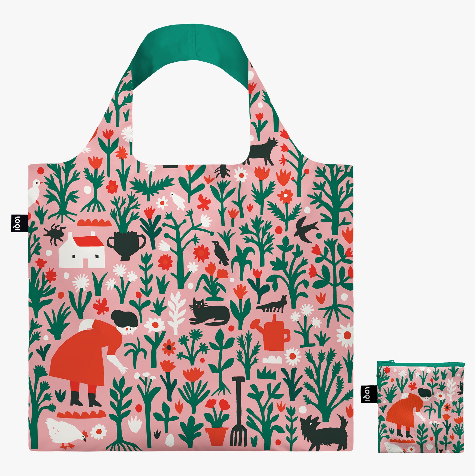 Reusable shopping bag with a colorful garden pattern on a white background