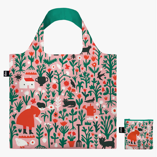 Reusable shopping bag with a colorful garden pattern on a white background