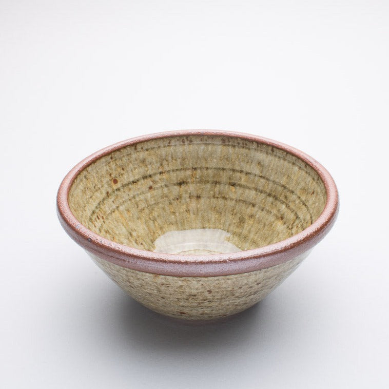 A medium stoneware ceramic bowl with a beige and greenish hue and a dark brown rim.
