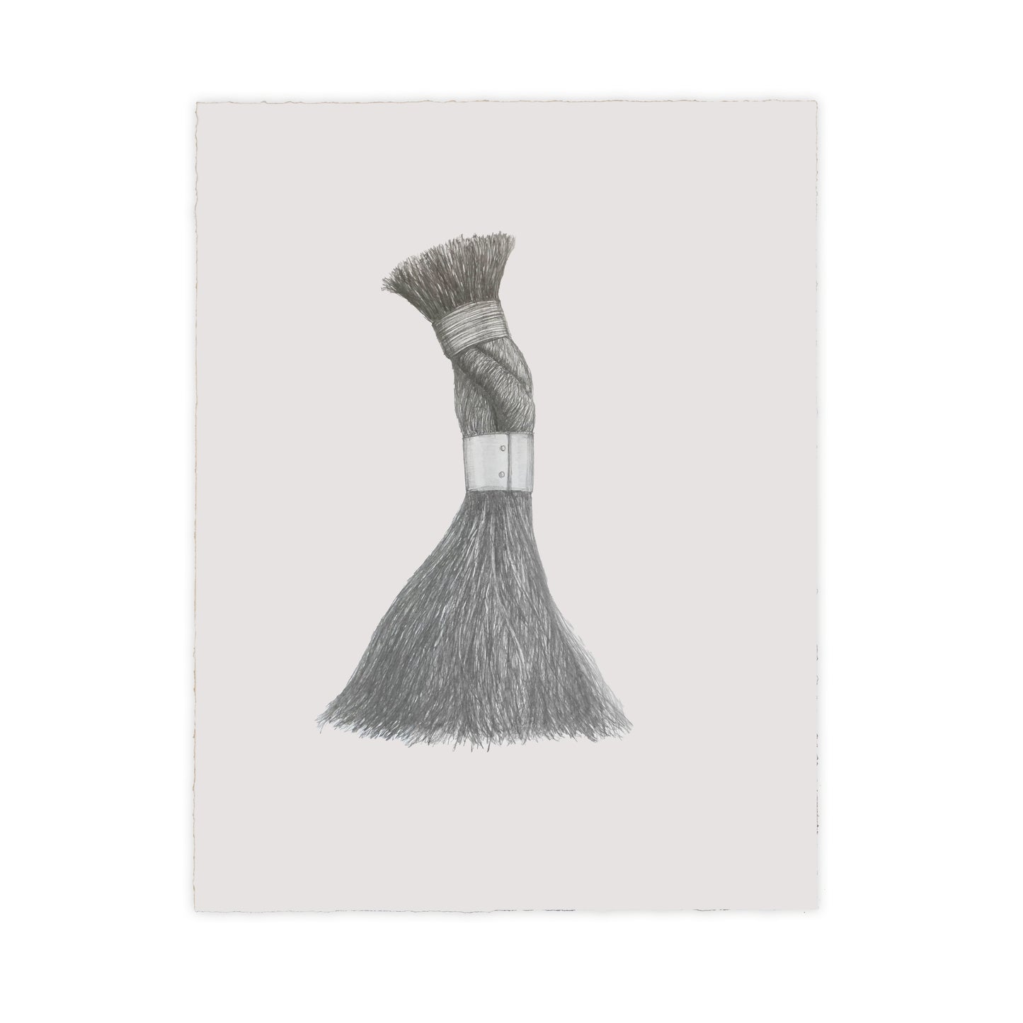 A detailed pencil drawing of a brush with a thick, textured bristle head and a metallic band around the neck. The background is a soft, neutral colour, highlighting the intricate details of the brush's bristles and shape.