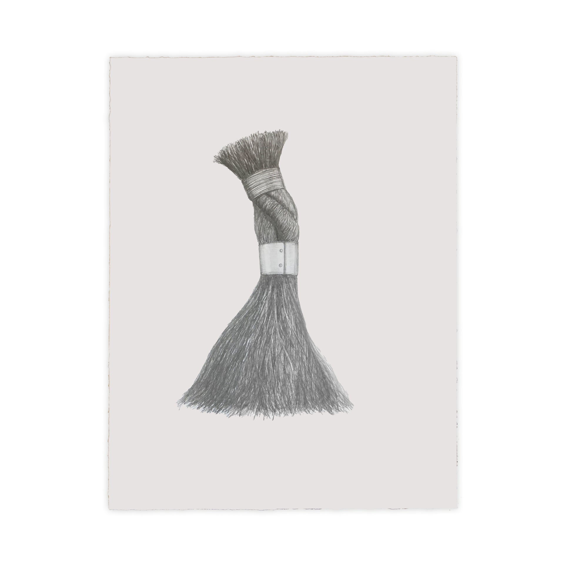 A detailed pencil drawing of a brush with a thick, textured bristle head and a metallic band around the neck. The background is a soft, neutral colour, highlighting the intricate details of the brush's bristles and shape.