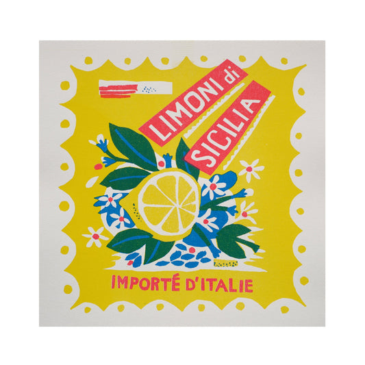 A vibrant vintage-style poster featuring a bright yellow background. It displays a large lemon surrounded by blue flowers and green leaves. The text reads "Limoni di Sicilia" and "Importé d'Italie" in bold, colourful lettering.