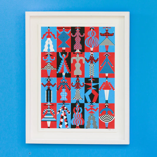 Decorative wall with framed artwork, geometric patterns, and colorful figurines on a blue background