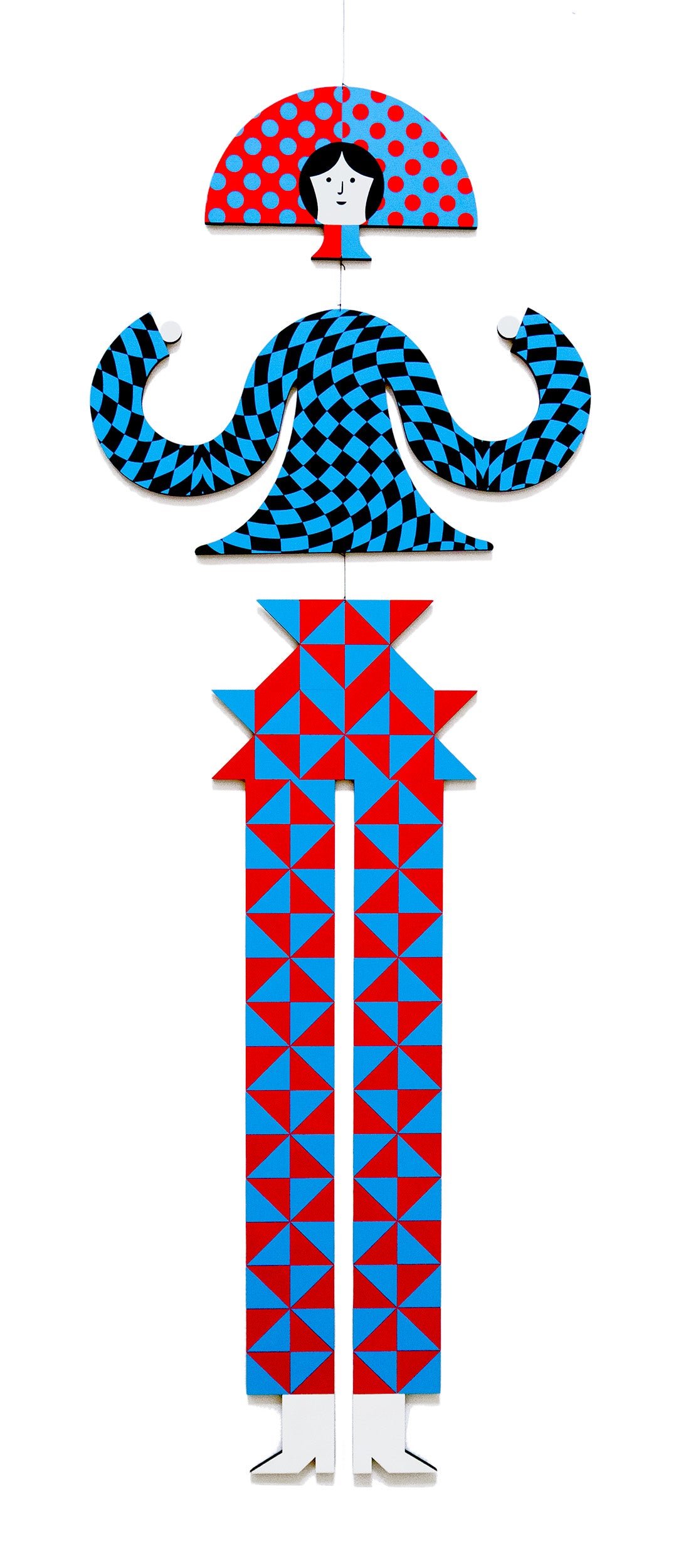 Geometrically patterned hanging mobile figure with a checked top and red and blue geometric body on a white background.