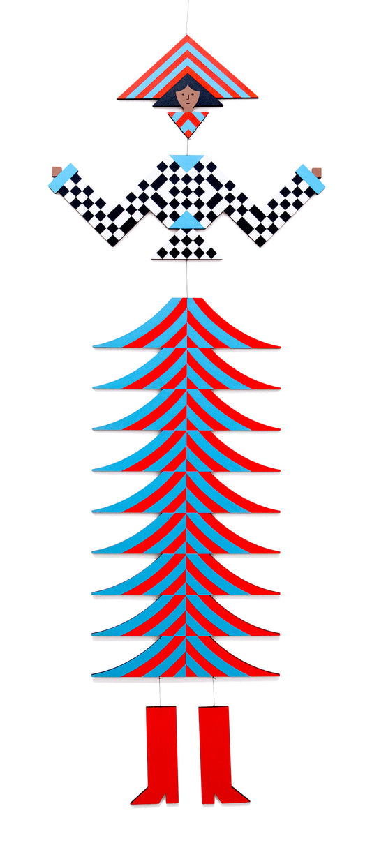 A hanging wooden colourful mobile featuring a full figure with a headdress and boots covered in bright geometric patterns.