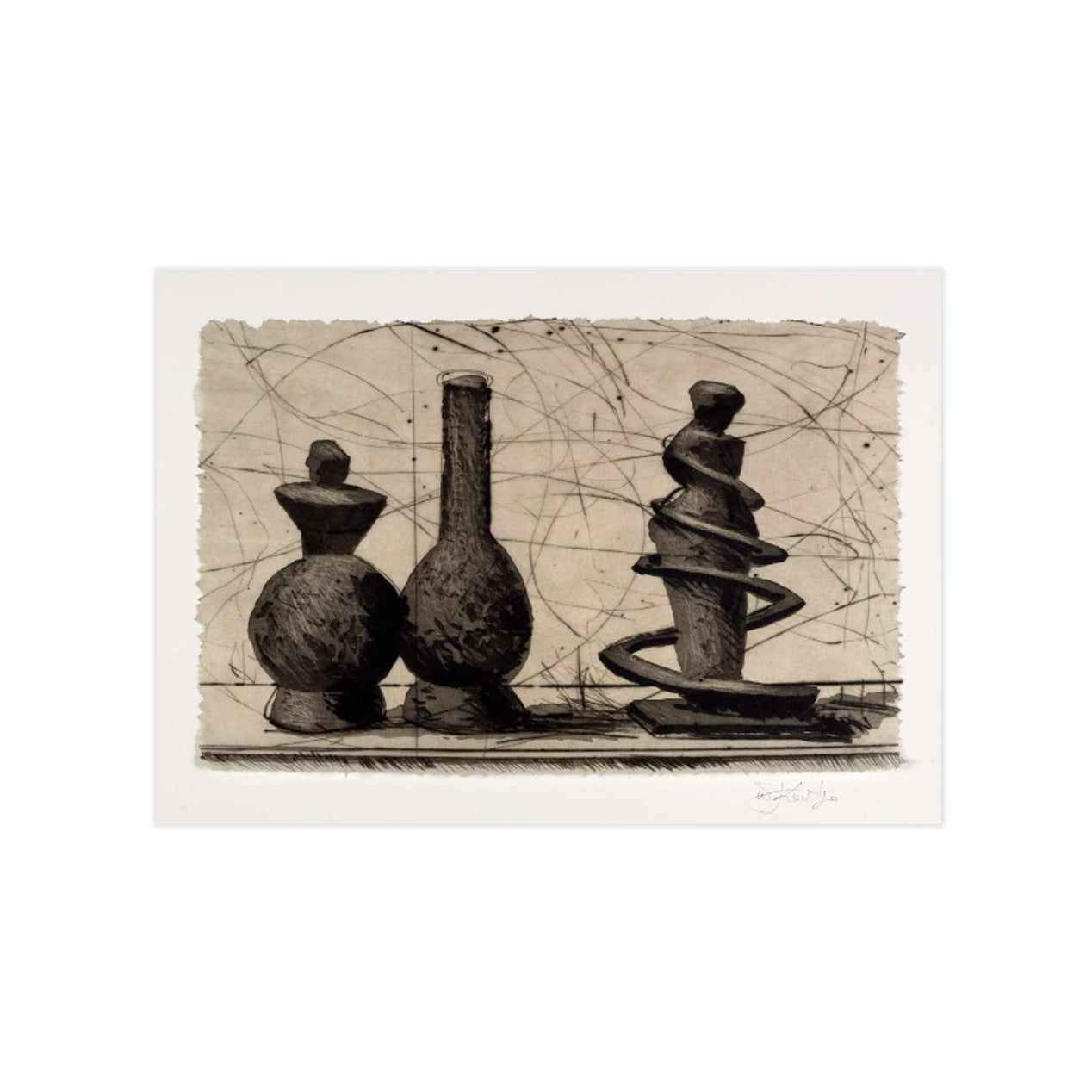 Black and white print of three abstract sculptures on a textured background