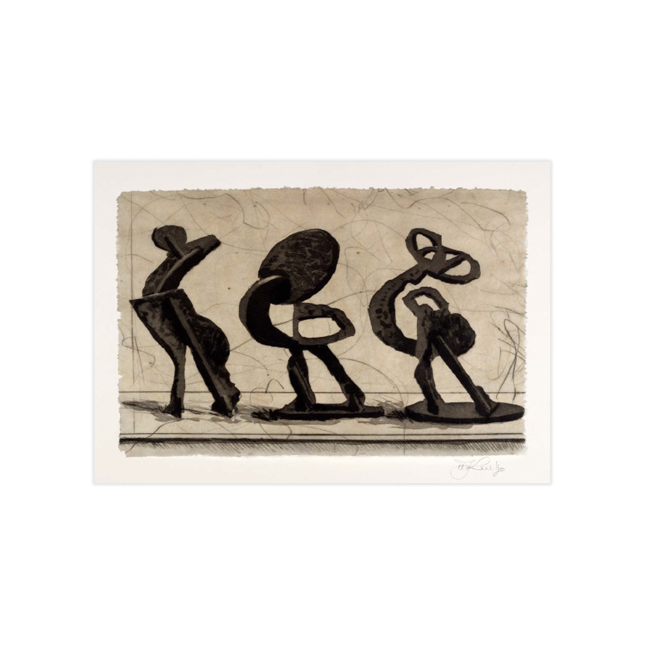 Abstract sculpture of three figures on a textured background