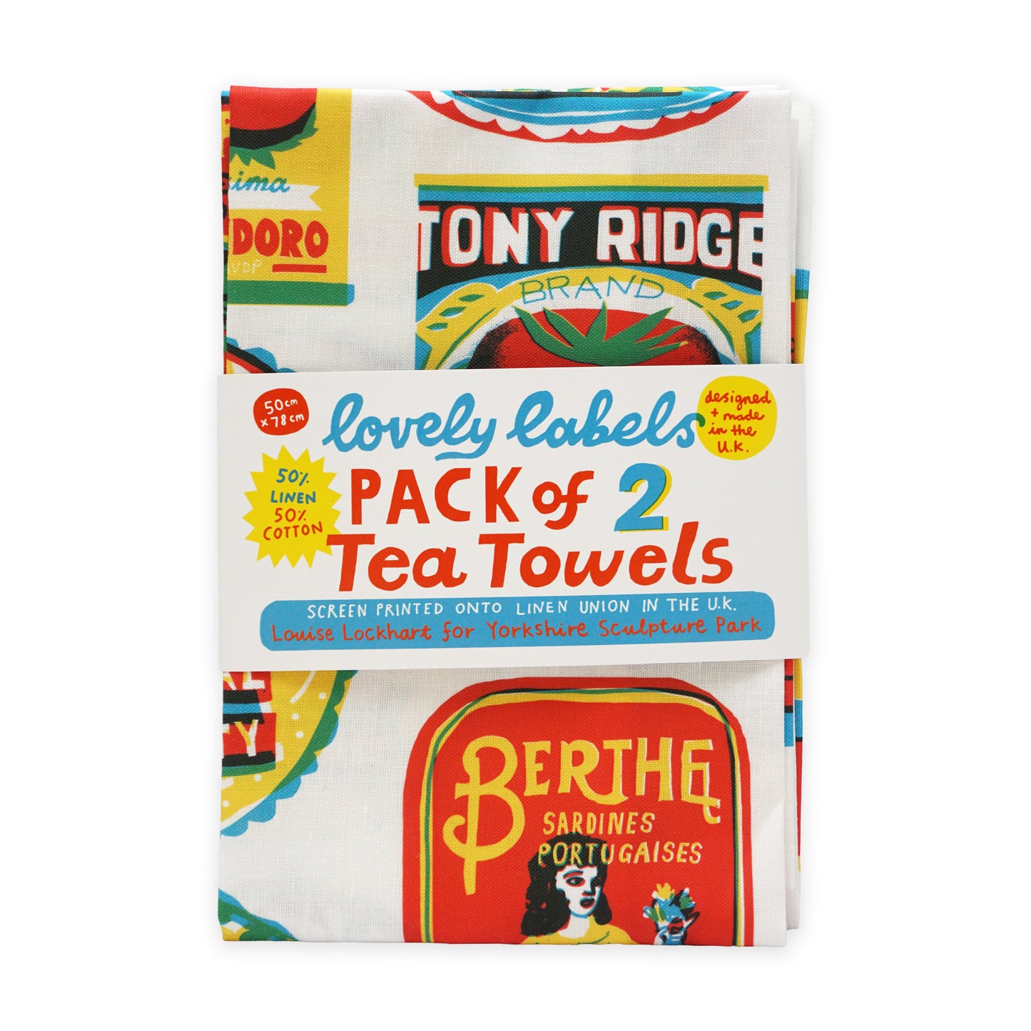 A pack of two tea towels featuring vibrant, retro-style designs with various food and drink labels. The towels are made from a blend of linen and cotton, and the packaging highlights their UK origin and support for Yorkshire Sculpture Park.