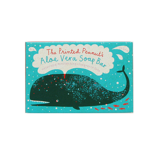 A vibrant packaging design featuring a cartoon whale and colourful fish, promoting "The Printed Peanut's Aloe Vera Soap Bar."
