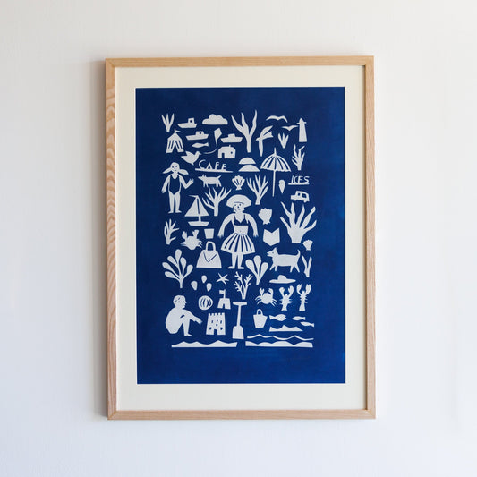 A framed artwork featuring a deep blue background with white silhouettes of various figures, animals, and plants. The design includes a person, a woman in a dress, a house, and abstract shapes, creating a whimsical, playful scene.