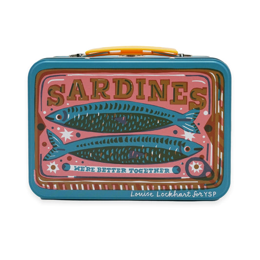 A vibrant lunchbox featuring a playful design of two sardines against a coral background. The words "SARDINES" and "WE'RE BETTER TOGETHER" are prominently displayed, along with decorative patterns. Designed by Louise Lockhart for YSP.