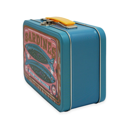 A vintage-style metal lunchbox with a blue exterior and a colourful design featuring sardines. The front displays illustrations of fish and the word "SARDINES" in bold lettering, complemented by a yellow handle on top.