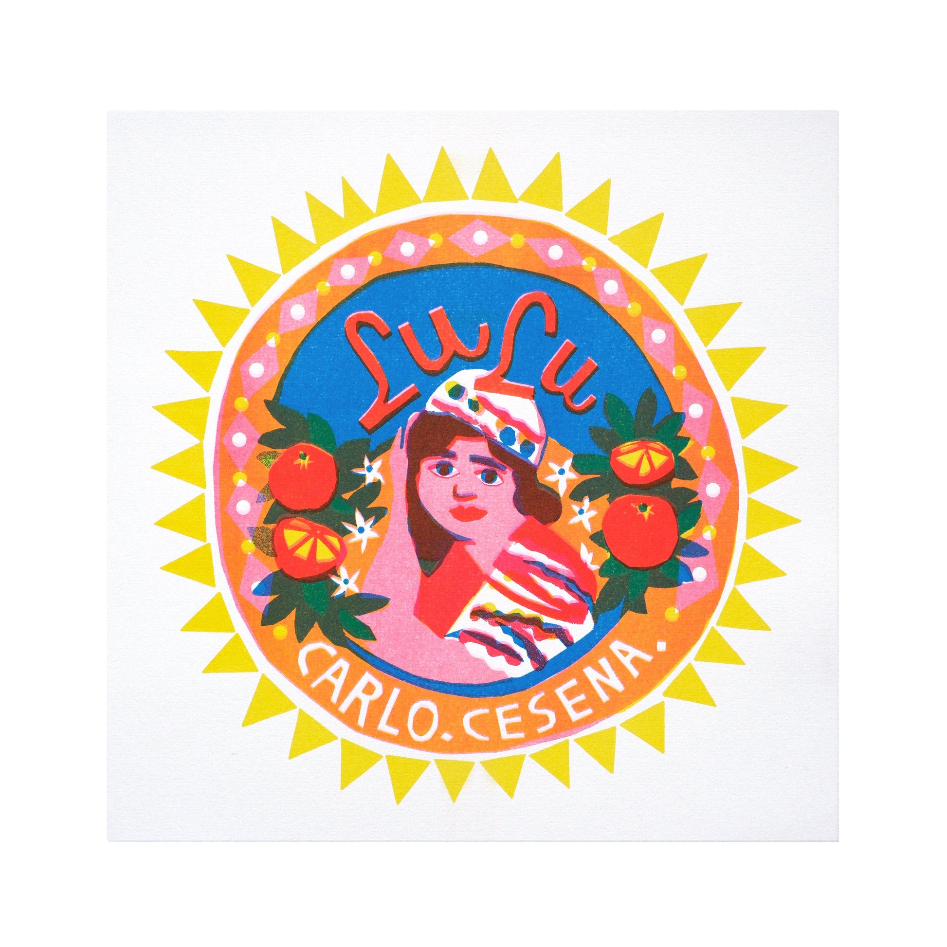 A vibrant, circular graphic featuring a stylised portrait of a woman with a headscarf, surrounded by colourful flowers and sun rays. The text "Lu Lu" is prominently displayed at the top, with "Carlo. Cesena." at the bottom.
