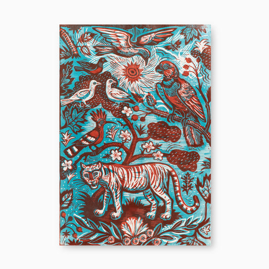 A vibrant illustration featuring a tiger in the foreground, surrounded by lush foliage and various birds, including a parrot and smaller songbirds. The artwork is rich in detail, with a striking blue and red colour palette.
