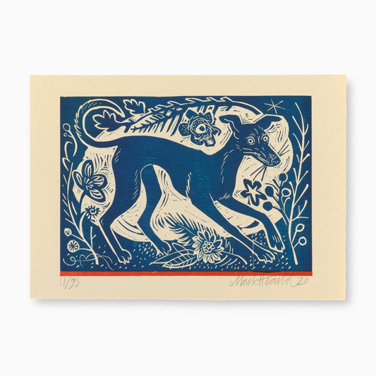 A blue and beige linocut print featuring a slender dog in a natural setting, surrounded by flowers and foliage. The dog appears alert, with a playful stance, and the artwork includes decorative elements.