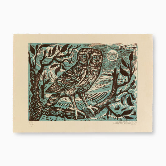 A detailed print of an owl perched on a branch, surrounded by stylised trees and a moonlit sky. The owl has large, expressive eyes and intricate feather patterns, with a colour palette of earthy tones and blues.