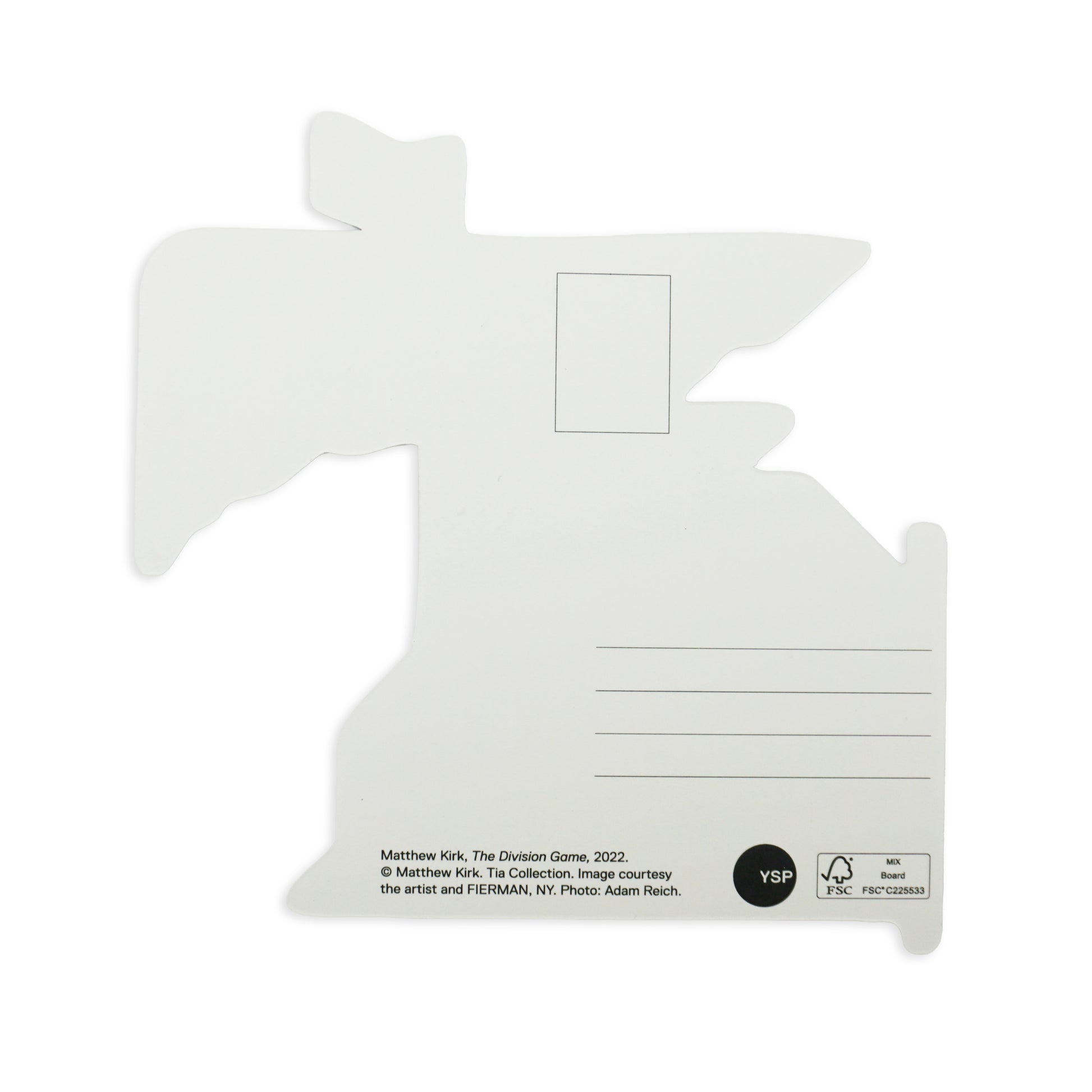 A uniquely shaped postcard with an abstract outline, featuring a small rectangular space for a stamp and lines for an address. The bottom includes text crediting Matthew Kirk, The Division Game, 2022, and other details.